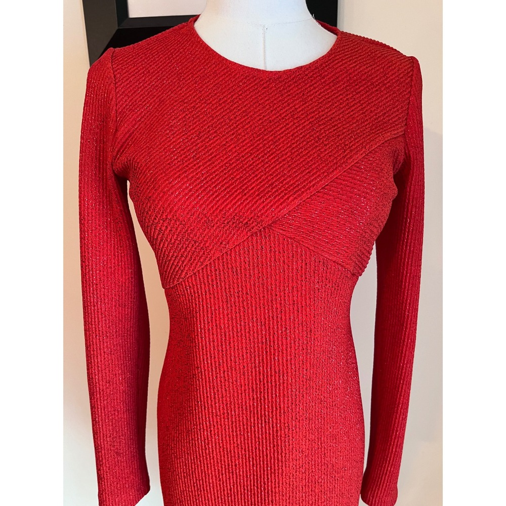Shoshanna Red Metallic Knit Long Sleeve Bodycon Sheath Dress Size 4 - Picture 5 of 9